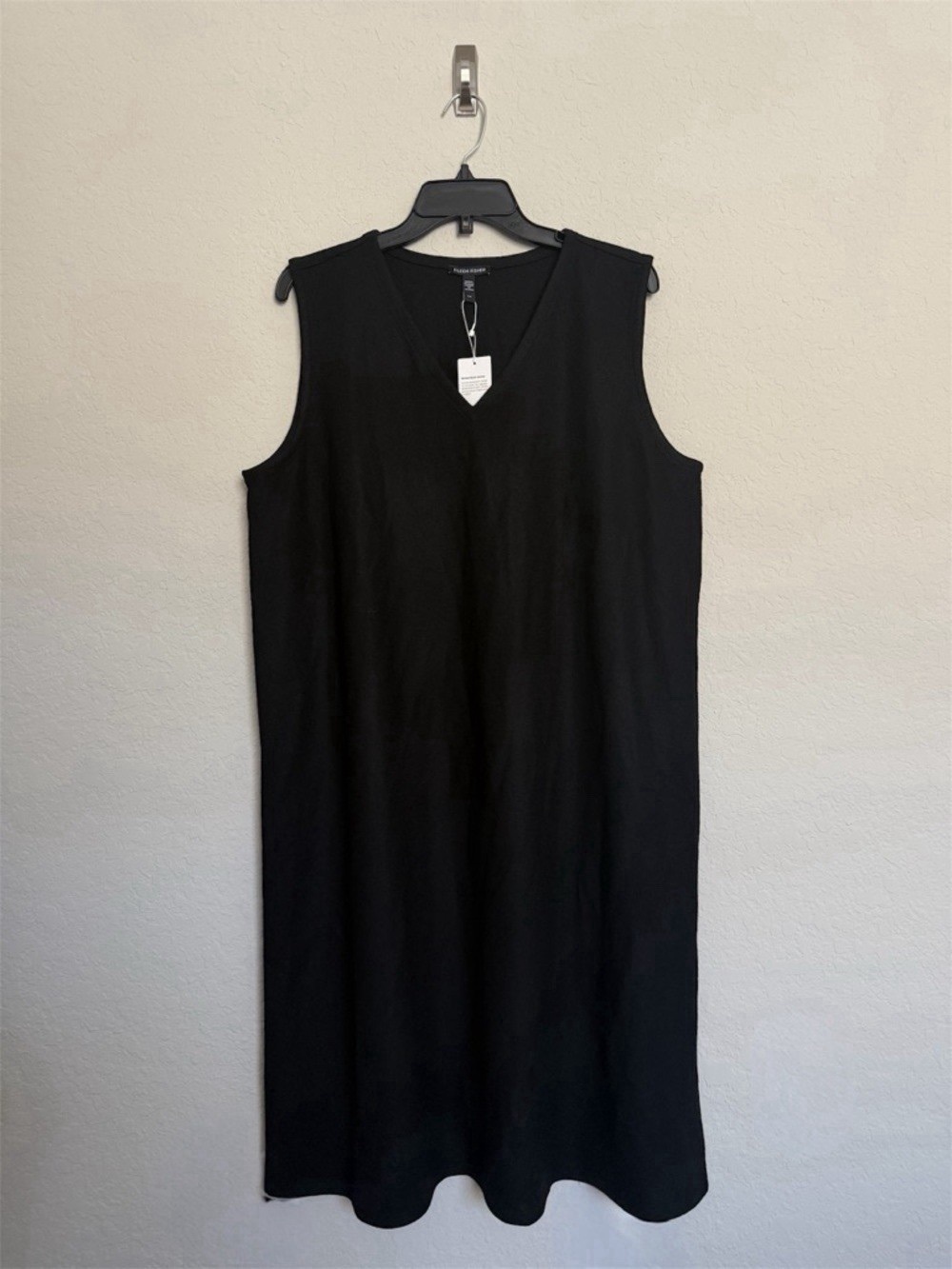 Eileen Fisher Black Boiled Wool Jersey V Neck Sleeveless Dress